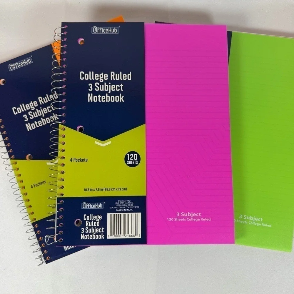 OfficeHub 3 Subject Spiral Notebooks College Ruled 120 Sheets 4 Pockets 3 Pack